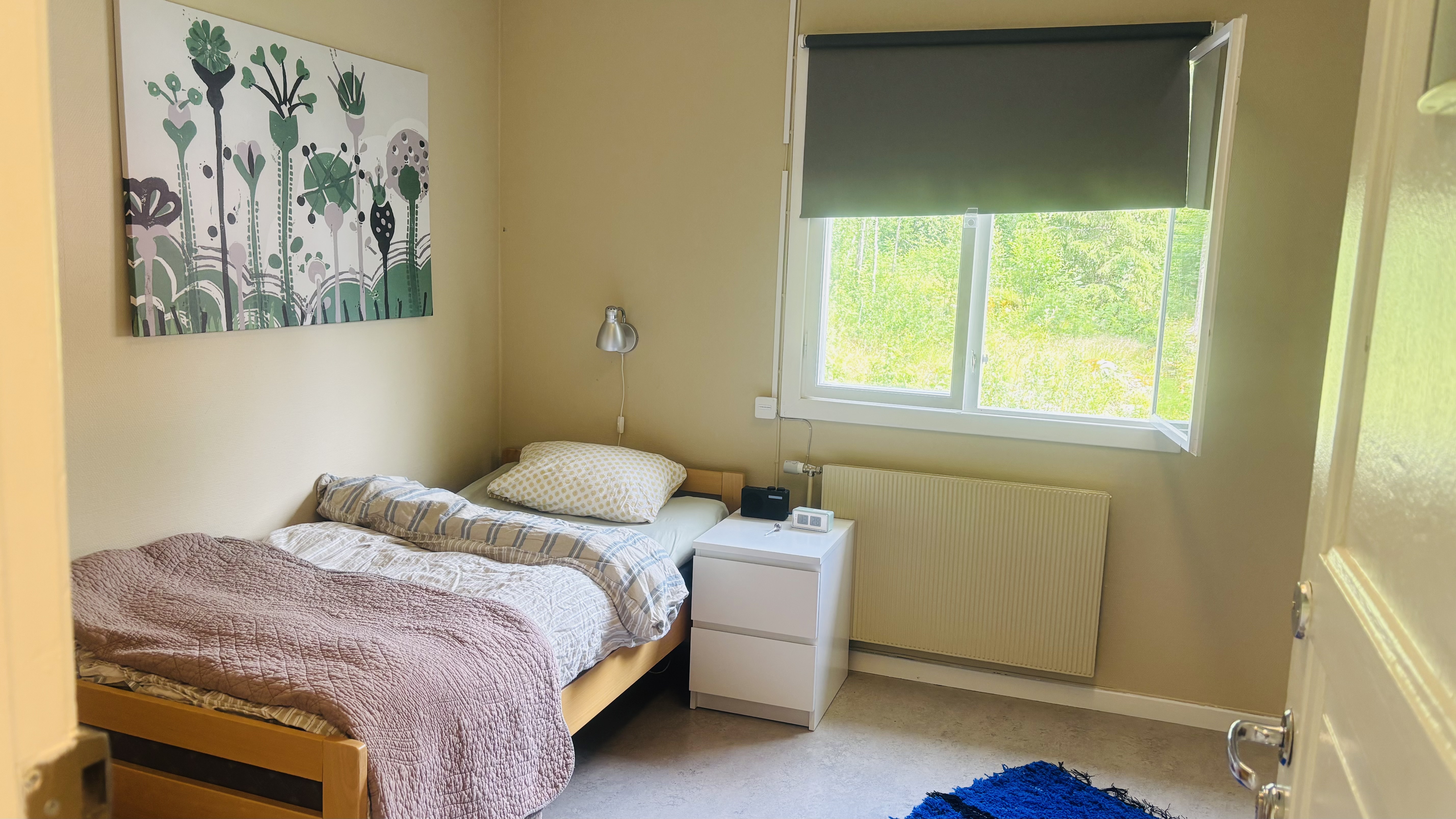 et soverom med seng og vindu