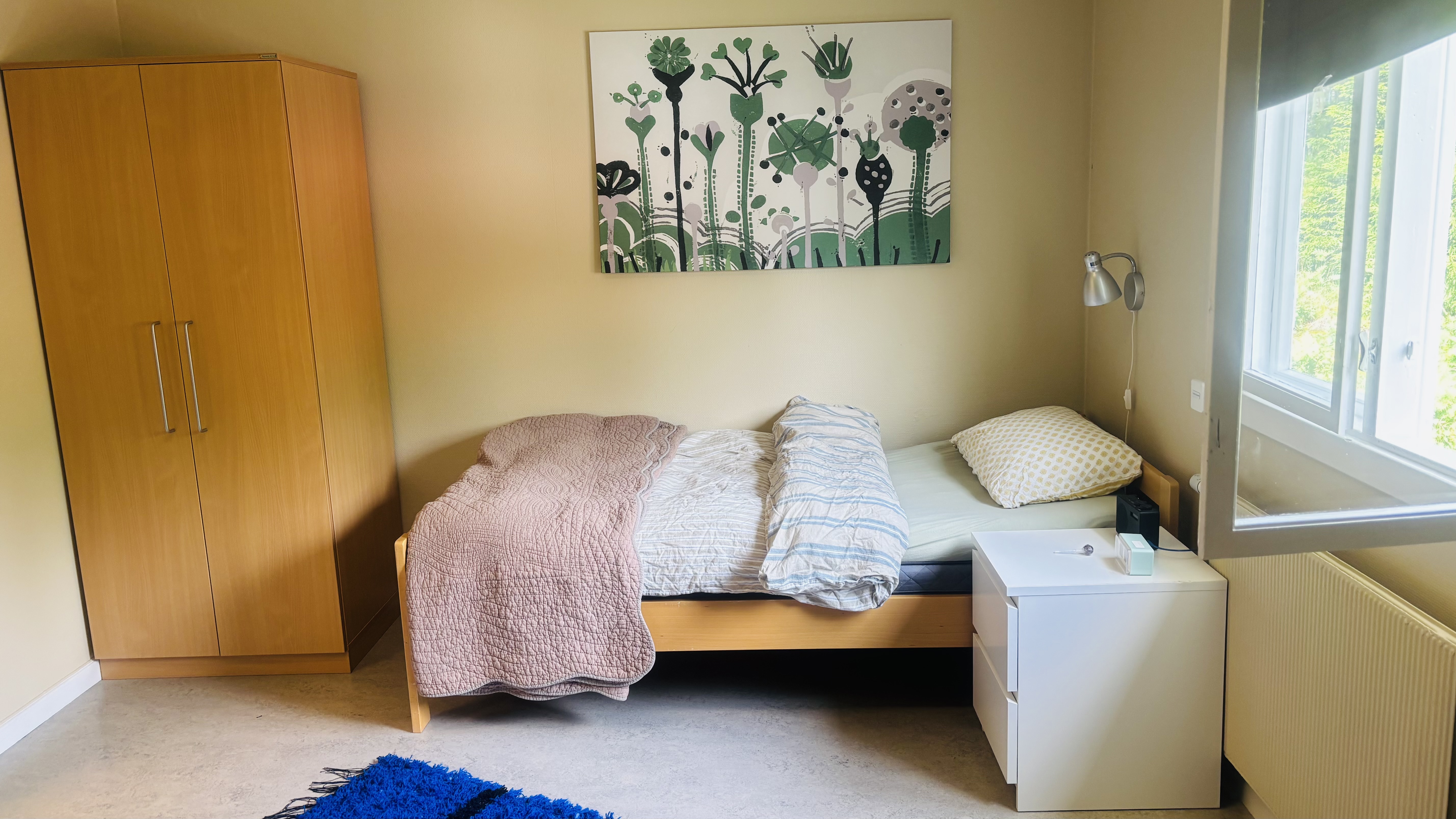 et soverom med seng og kommode