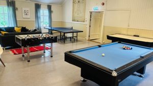 et rom med biljardbord og sofaer